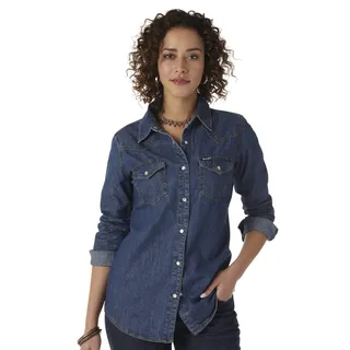 Wrangler Damen Langärmeliges Western Druckknöpfen Hemd, Dunkles Denim, Klein - S