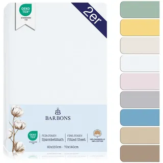 BARBONS Spannbettlaken 60x120 für Baby, Jersey Bettlaken Babybett, Kinderbett, (2 Stück), 100% Baumwolle weiß 60/70 cm x 120/140 cm