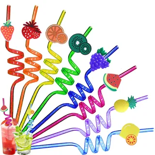 YOUYIKE 8 Stück Obst Kinder Strohhalme, Wiederverwendbare Strohhalm, Lockige Party Trinkhalme, Bunte Obst Trinkhalme für Kindergeburtstagsparty Dekoration, Zubehör Familientreffen, Partygeschenke