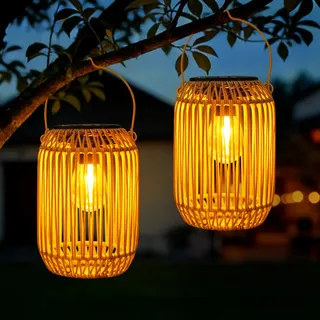 Solarlampen für Außen Hängend,Rattan Solar Laternen für Draußen mit LED-Glühbirne,Wasserdicht Solarleuchten Solarlaterne für Außen,Gartendeko Solar Hängelampe Outdoor für Terrasse Balkon Deko (B*2)