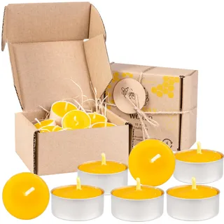 BeesWax World 100% Bienenwachskerzen – Bienenwachs Teelichter mit Baumwolldochten – 4 Stunden Brennzeit –10-50-teiliges Kerzenset – Bienenwachs-Kerzen mit Recyceltem Kunststoff