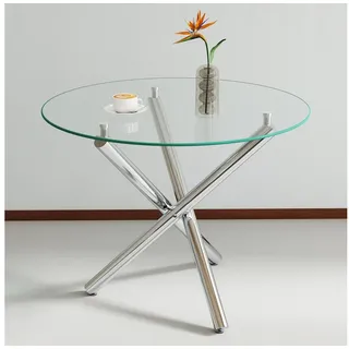MODFU Esstisch Runder Esszimmertisch aus gehärtetem Glas und Metallbeinen (Moderner Couchtisch, Küchentisch), 80 × 80 × 76 cm silberfarben