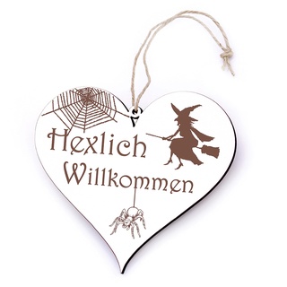 Hexlich Willkommen Halloween Deko Türschild - Herzlich Willkommen Herz 12x13cm Hexe Spinne Spinnennetz Holz