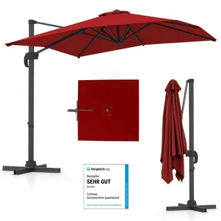 COSTWAY Sonnenschirm rechteckig 250 x 250 cm, großer Ampelschirm mit Kurbel, Gartenschirm neigbar, 360° drehbar, Terrassenschirm, Marktschirm für Garten, Terrasse, Balkon, Rot