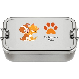 Cadenis Lunchbox XL Hund und Katze personalisiert mit Namen für Kinder aus Metall matt rechteckig 1100 ml