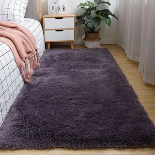 XUEDNGM Teppich Kunstfell Teppich Hochflor 70 x 220 cm Waschbar Flauschig Weich rutschfest Moderne Deko Solid Color Teppich Flauschiger Kunstfell-Teppich für Wohnzimmer, Schlafzimmer, grau lila