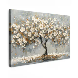 OnlyWow© Gartenbild 120x80 cm Outdoor Leinwand Terrasse Decoration Wanddeko Gartendeko Wetterfest Geschenk Wanddekoration Draußen Baum - Blumen - Weiß - Natur - Kunst