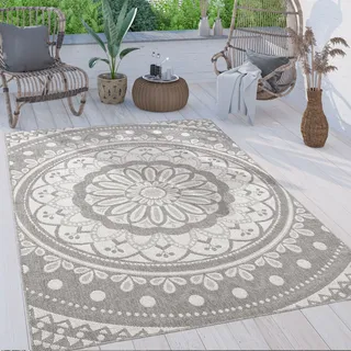 Paco Home Outdoor Teppich wetterfest & robust Mandala Boho Design pflegeleicht flachgewebt Marokkanisch 80x150 cm, Grau