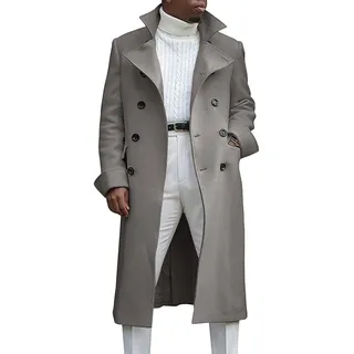 Zweireihiger Langer Trenchcoat für Herren Winter Windbreaker Mantel mit Revers Lässige Schmal Geschnittene Business Erbsenjacke (Grau,5XL)