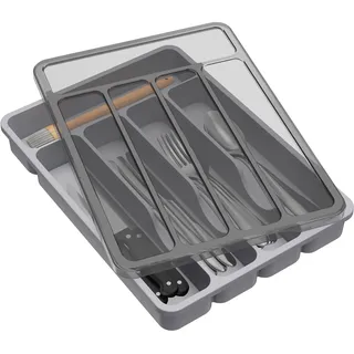 Lifewit Besteckkasten mit Deckel, Besteckaufbewahrung für Küchenschublade und Arbeitsplatte, Besteckkasten aus Kunststoff für Löffel, Gabeln, Messer, Einsatz, 5 Fächer, 23,5 x 32 cm, Grau