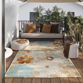 WECON HOME Outdoorteppich WECON HOME "Beach Flower", bunt (beige,hellblau,gelb), B:80cm H:5mm L:230cm, Polypropylen, Teppiche, Outdoorteppich, Läufer, für Innen & Außen, pflegeleicht, Hoch-Tief Effekt
