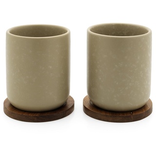 Bredemeijer Teebecher Set 2-teilig beige aus Keramik - Steingut Tassen je 200 ml & Holzuntersetzer