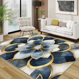 TerroVee Blumen Teppich Waschbar, Geometrisch Blumig Teppich 80x150 cm, Luxus Blau Gold rutschfest Waschbar Pflegeleicht Teppiche Für Schlafzimmer Küche, Blau Gold