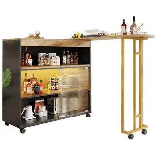 Fine Life Pro Bartisch Ausziehbarer Bartisch mit Stauraum, Moderner Beweglicher Bar Table, (Teleskopischer Bartisch mit LED, Stehtisch Bistrotisch), Hochtisch Kücheninsel Bistro Table, Großer Stauraum schwarz mit Stütze