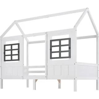 Kinderbett mit Lattenrost, 90x200 cm, Hausbett mit Rausfallschutz, Holzbett aus Kiefer, Jugendbett, Einzelbett - Weiß