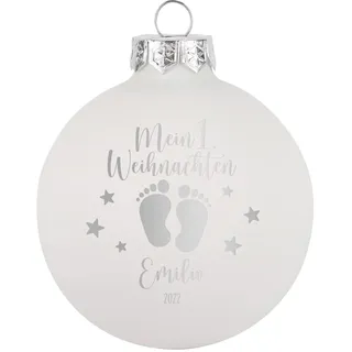 Herz & Heim® Weihnachtskugel aus Glas mit persönlicher Gravur/Rot oder Weiß/Matt oder Hochglanz/Ø 8 oder 10 cm/Verschiedene Motive Ø 8 cm, Weiß Matt, Mein erstes Weihnachten