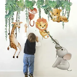 Runtoo Wandtattoo Safari Tiere Baby Hängende Pflanzen Wandsticker Elefant Löwe Giraffe Palmen Blätter Wandaufkleber Kinderzimmer Babyzimmer Mädchen Junge Wanddeko