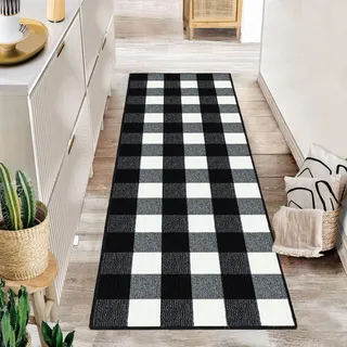 Foneyi Buffalo-Karo-Outdoor-Teppich, 60 x 180 cm, karierte Haustür-Fußmatte, rutschfest und saugfähig, für Eingangsbereich innen, waschbar, für Layering, Veranda/Landhausstil, Grau-Weiß