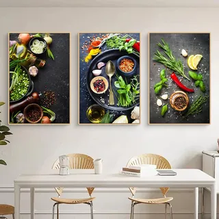 3er-Set Bild auf Leinwand Bilder, Modern Wandbilder Küche Gewürze, Pfeffer, Kräuter, Wandposter, Wanddeko Esszimmer Küchenbilder Schlafzimmer (D,21x30cm)