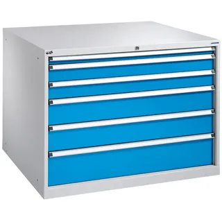 PAVOY Schubladenschrank, Höhe 1.000 mm, Schubladen 1x100 + 4x200 mm, Breite 1.023 mm, lichtgrau, himmelblau