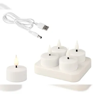 Lumineo 4 LED Teelichter 4cm Kunststoff - Elektrische Teelicht Kerzen batteriebetrieben & aufladbar Teelichtkerzen flackernde Flamme Dekokerzen Weiß Warmweiß