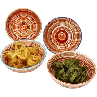 MamboCat 4er Set Linea Spaghetti-Bowl tief I Ø 22,5 cm I 1,25L I mediterrane gestreifte Pasta-Teller mit 4 farbigen Rändern für 4 Personen I Steingut-Geschirr, Servierschale