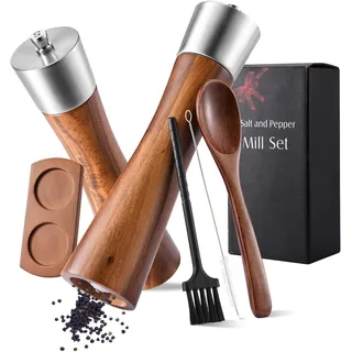 ZUYIST 2 Stück Manuelle Salz und Pfeffermühle Holz, Verstellbarem Pfeffermühle Keramikmahlwerk, Pfeffer und Salzmühle mit Massivholzsockel, Salz Pfeffermühle für Meersalz Chilischoten Sesam