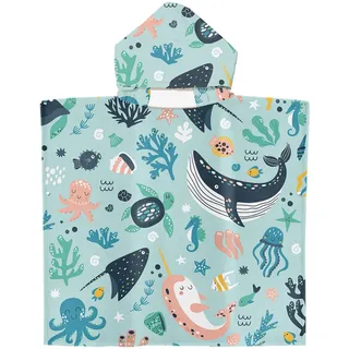 FYting Badeponcho Kinder 8 Jahre,Poncho Handtuch Kinder,60 X 60cm Mikrofaserhandtuch, 3-In-1 Strandponcho Kind, Sonnenschutz Kapuzenumhang Für Schwimmen, Wickeltuch, 2–8 Jahre(Wal)