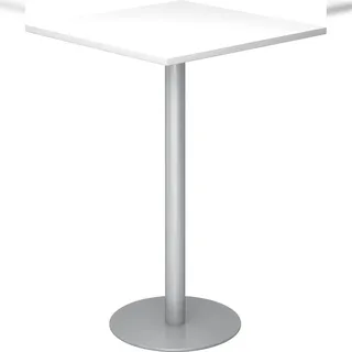 bümö Stehtisch Büro, Bistrotisch eckig 80 x 80 cm - Bartisch weiss, Stehtisch Holz-Platte, Säule aus Metall in silber, Buffettisch, Säulentisch,
