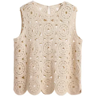 RWGSNB Damen Weste, Gehäkeltes Weste Top für Damen Boho Ausgehöhlt Ärmellos Rundhalsausschnitt Sommer Tank Pullover Leicht Dünn Lässig Strand Überzug für Den Alltag Urlaub Party Beige S - S