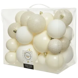 Decoris Weihnachtskugeln Kunststoff 6cm 8cm 10cm Mix 26 Stück mit Glitzer wollweiß