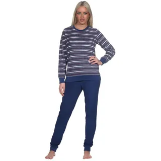 Normann Damen Frottee Pyjama mit Rundhals, Uni Oberteil, Mond, Hose in Ringel-Optik, Marine, 73172, Gr. XL 48/50 - XL