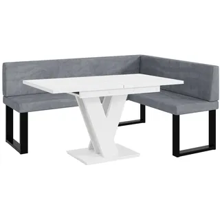 MEBLINI Eckbank für Esszimmer mit ausziehbarem Tisch - Küchenbank - Essecke - Sitzecke Küche - Toni - U-Beine 128x168x87cm Rechts - Grau Samt/M Weiß Matt