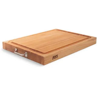 Boos Block BBQ Schneidebrett mit Edelstahlgriffen und Saftrille XXL – 61 x 46 x 6 cm – Schneidebrett Holz mit Griff – Ahornbrett groß – Hackbrett – Fleischbrett – Profi-Brett