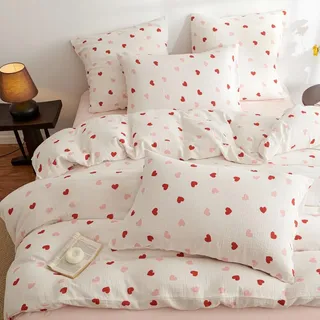 Lanqinglv Musselin Bettwäsche 135x200 Baumwolle - Rosa Rot Weiß Herzen Bettwäsche aus Baumwolle, Kuschelige Bettwäsche-Sets Herzchen Oeko-TEX Bettbezug und 1 Kissenbezug 80x80 cm