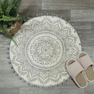 Uphome Runder, Kleiner Teppich, 60 cm mit schicker Bommelfranse, Boho-Stil, graues Mandala, Badezimmerteppich, weicher, Rutschfester Samt-Bodenüberwurf für Schlafzimmer, Wohnzimmer