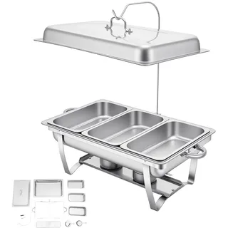 ROGONPDK 9L 3 Grid Chafing Dish Speisewärmer Chafing Dish Set Speisenwärmer Chafing Dish Set Edelstahl 55x35x26.3CM Warmhaltebehälter für Essen Speisewärmer Buffetwärmer Wärmebehälter Catering Buffet