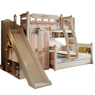 JVmoebel Etagenbett Hochbett aus Holz in Weiß mit Rutsche und Stauraum (1-St), Made in Europe braun