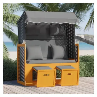 furnicato Strandkorb mit Kissen Poly Rattan Massivholz Schwarz Anthrazit, BxTxH: 55x55x156 cm, (1-tlg), Sonnenliege mit verstellbarer Lehne, Sonnendach und Fußhockern schwarz