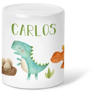 GRAVURZEILE Spardose für Kinder - Dino Design - mit Namen personalisiert - Geschenk für Jungen & Mädchen zum Geburtstag Kommunion Geburt Einschulung Weihnachten - Geschenk für Kinder zum sparen