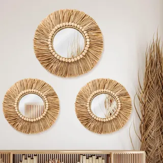 Gulfmew Boho-Bastspiegel, Wandbehang, Dekoration, 30 cm, 30 cm, rustikal, rund, Boho-Kreisspiegel mit Holzperlen, Bauernhaus, ästhetischer Kinderzimmerspiegel für Schlafzimmer, Wohnzimmer, Badezimmer