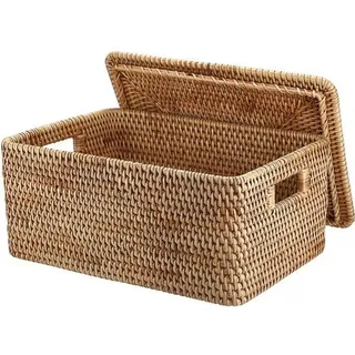 Famanu Rattan Aufbewahrungskorb mit Deckel - dekorativer Korb für Schrank, Regal und Tisch