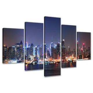 Visario Leinwandbild New York 5-teilig 160x80 cm 5505 – Wandbild Manhattan Skyline bei Nacht mit Lichtern und Wasser, XXL Kunstdruck auf Leinwand mit Holzrahmen, Wanddeko Wohnzimmer Büro