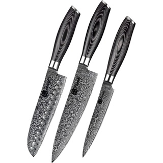 Kensaki 3er Messerset aus Damaszener Stahl Küchenmesser Japanischer Art hergestellt aus 67 Lagen Damaststahl – Kuro Serie, KEN-113, 3er Set