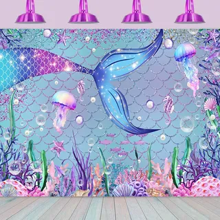 Hnmdmyi 1.5x1.2m Fotohintergrund Meerjungfrau Unter dem Meer Lila Korallen Perlen Glitter Schuppen Unterwasser Fotografie Hintergrund Mädchen Prinzessin Kleine Meerjungfrau Geburtstag Party Dekoration