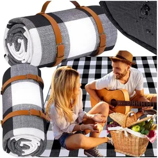 Strand Picknickdecke Matte mit Isolierung wasserdicht 200x200cm Matte XXL kariert - Schwarz/Grau/Creme