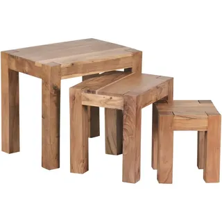 KADIMA DESIGN Holz Satztisch Set ``Nako``: 3-teilig, Landhaus-Stil, platzsparend, in Beige,