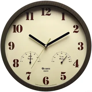 CYRENT Lautlose Outdoor-Wanduhr mit Thermometer und Hygrometer, 25,4 cm, wetterfest, rustikale Holzmaserung für Terrasse/Küche, Innen-/Außendekoration (dunkelbraun)