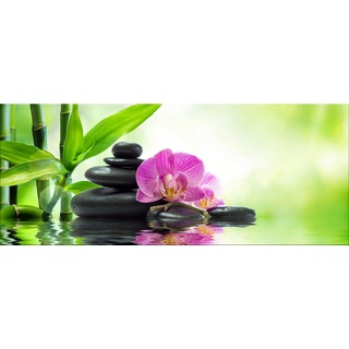 artissimo Glasbild Glasbild XXL 125x50 cm Bild aus Glas groß hell Deko Spa Zen grün pink, Blumen und Blüten: Bambus mit Orchideen-Blüte auf Steinen grün|schwarz