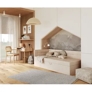 thematys Jugendbett Polsterbett Stauraumbett Springbett 90x200cm, 120x200cm Tagesbett (MADE IN EU - mit hochwertigem Velours Bezug Trinity, Boxspring, Bett, mit gepolsterten Kopf und Seitenteile, mit Bettkasten zum aufklappen), hydraulische Klappfunktion, in Rosa, Creme, Grafit oder Grau beige